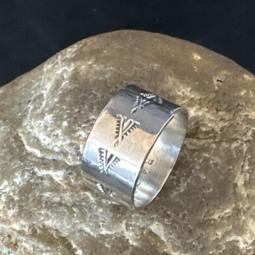 Men's Wide Band Navajo Stamped Ring | Sterling Silver | Sz 12 | Authentic Native American Handmade | 14980