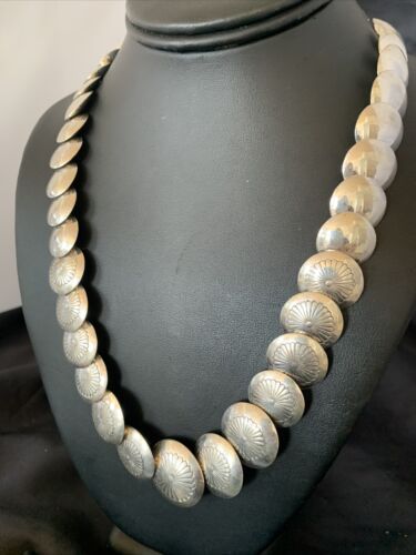 Navajo Graduated Concha Bead Necklace | Sterling Silver Pillow Stamped | Single Strand | 14166