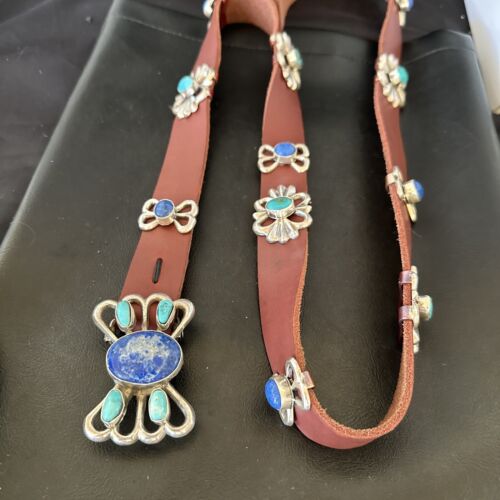 Men's Kingman Turquoise Lapis Concho Belt | Sterling Silver Navajo Tufa | Authentic Native American Handmade | 16682