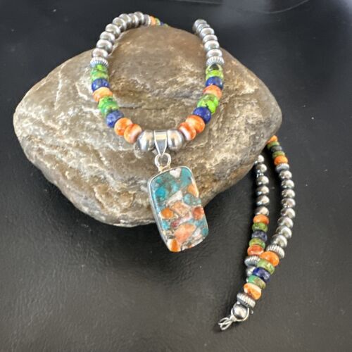 Navajo Spiny Oyster Turquoise Lapis Pendant Necklace | Sterling Silver | 21" | Authentic Native American Handmade | 16630