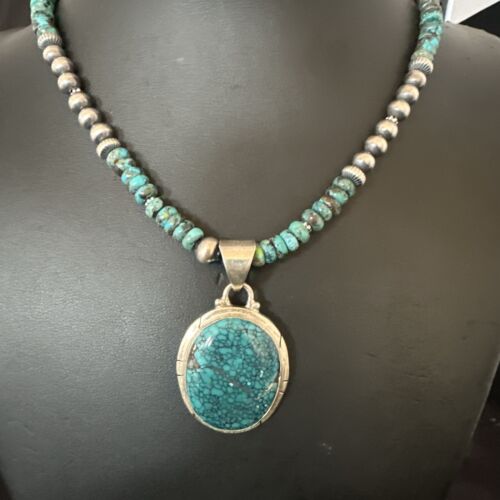 Men's Blue Spiderweb Turquoise Pendant Necklace | Navajo Sterling Silver | Authentic Native American Handmade | 17082