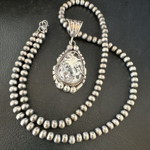 Navajo White Buffalo Turquoise Pendant Necklace | Sterling Silver | Authentic Native American Handmade | 17516