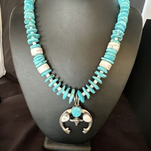 Navajo White Buffalo Blue Turquoise Naja Pendant | Sterling Silver Necklace | Authentic Native American Handmade | 15026