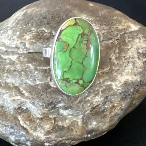 Navajo Green Mojave Turquoise Ring | Sterling Silver | Sz 8 Adjustable | Authentic Native American Handmade | 16146