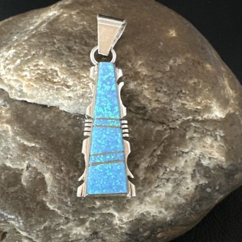 Navajo Blue Opal Inlay Pendant Necklace | Sterling Silver | Authentic Native American Handmade | 15672