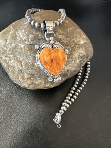 Navajo Orange Spiny Oyster Heart Pendant Necklace | Sterling Silver | Authentic Native American Handmade | 16415