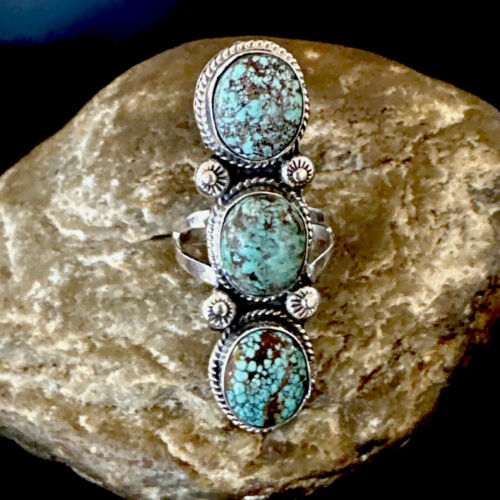Navajo Blue Spiderweb Turquoise Multi-Stone Ring | Authentic Native American Sterling Silver | Sz 10 | 16710