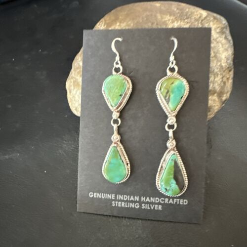 Navajo Green Royston Turquoise Dangle Earrings | Sterling Silver | Authentic Native American Handmade | 17140