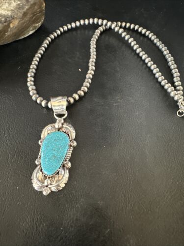 Navajo Kingman Turquoise Pendant Necklace | Sterling Silver Pearls | Authentic Native American Handmade | 15217