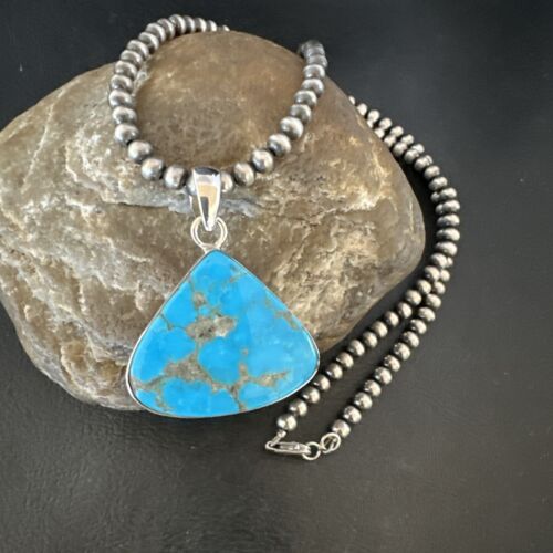 Navajo Blue Kingman Turquoise Pendant Necklace | Sterling Silver | 20" | Authentic Native American Handmade | 17002