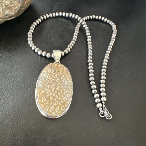 Navajo Champagne Fossil Coral Pendant Necklace | Sterling Silver Beads | Native American Handmade | 16371