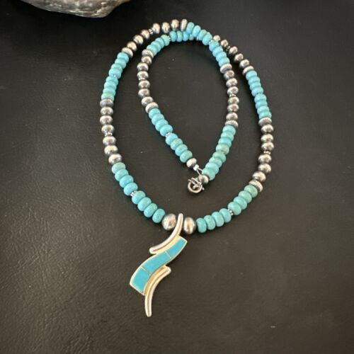 Navajo Blue Kingman Turquoise Inlay Pendant Necklace | Sterling Silver | 21" | Authentic Native American Handmade | 16931
