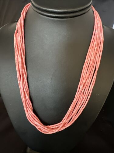 Pink Conch Tube Heishi Bead Necklace | 10 Strand Navajo Sterling Silver | 19" | 15086