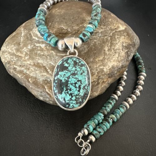 Men's Blue Spiderweb Turquoise Pendant Necklace | Navajo Sterling Silver | Authentic Native American Handmade | 17083