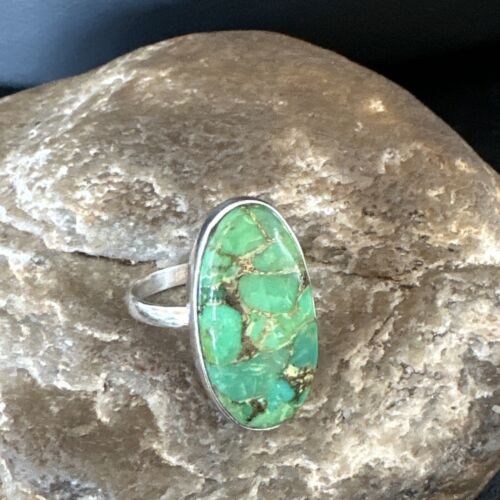 Navajo Green Mojave Turquoise Ring | Sterling Silver | Sz 8 | Authentic Native American Handmade | 15922