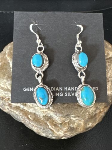 Kingman Turquoise Dangle Earrings | Navajo Sterling Silver | Authentic Native American Handmade | 14863