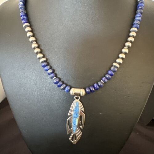 Navajo Blue Denim Lapis Feather Pendant Necklace | Sterling Silver Inlay | Authentic Native American Handmade | 16767