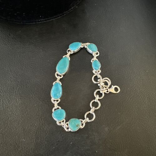 Navajo Blue Turquoise Link Bracelet | Sterling Silver | 8" | Authentic Native American Handmade | 15476 - Masha USA