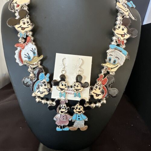 Disney Mickey Minnie Zuni Necklace Pendant | Sterling Silver Inlay | Authentic Native American Handmade | 16073