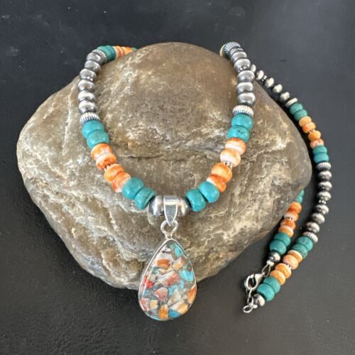 Navajo Spiny Turquoise Pendant Necklace | Sterling Silver | 22" | Authentic Native American Handmade | 17414