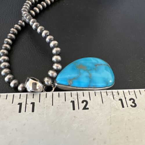 Navajo Blue Kingman Turquoise Pendant with Pearls | Sterling Silver Necklace | 20" | 16702