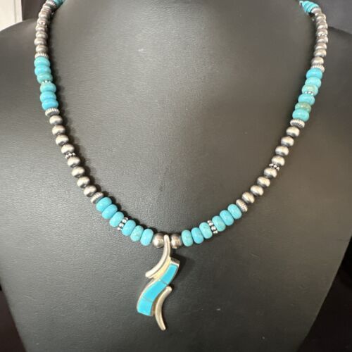 Navajo Blue Turquoise Pendant Necklace | Sterling Silver with Pearls | Authentic Native American Handmade | 15376