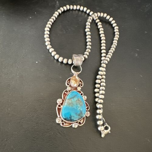 Navajo Blue Kingman Turquoise Wild Horse Necklace Pendant | Sterling Silver | Authentic Native American Handmade | 17221