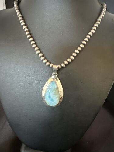 Navajo Blue Larimar Pendant Necklace | Sterling Silver Beads | Authentic Native American Handmade | 17565