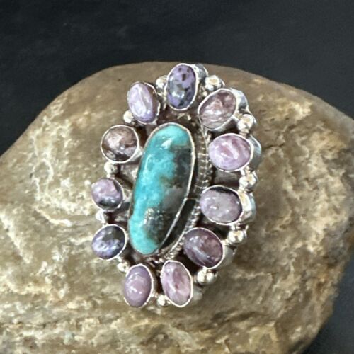 Navajo Kingman Turquoise Charoite Ring | Authentic Native American Sterling Silver | Multi-Stone | Sz 10 | 17181