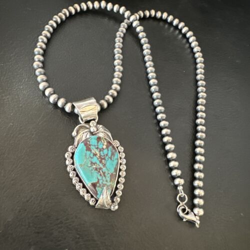Navajo Blue Turquoise Pendant Necklace | Sterling Silver Pearls | Authentic Native American Handmade | 15642