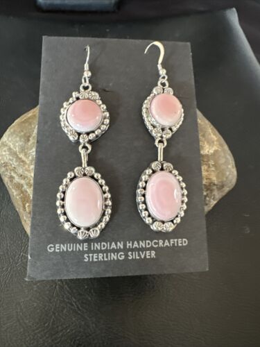 Navajo Pink Conch Shell Dangle Earrings | Sterling Silver | Authentic Native American Handmade | 17199