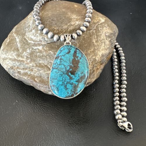 Men's Navajo Blue Spiderweb Turquoise Pendant Necklace | Sterling Silver | Authentic Native American Handmade | 16273