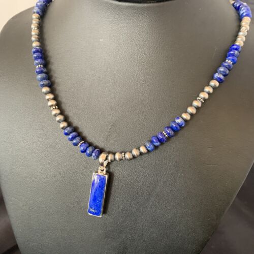Navajo Blue Lapis Pendant with Pearls | Sterling Silver Necklace | Authentic Native American Handmade | 16934
