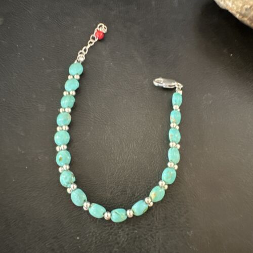 Women's Blue Turquoise Bead Bracelet | Southwestern Sterling Silver Link | 8" | 17498
