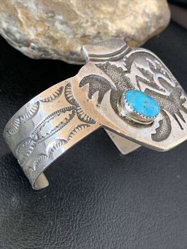 Navajo Sterling Silver Cuff Bracelet | Blue Kingman Turquoise | Men's | Authentic Native American Handmade