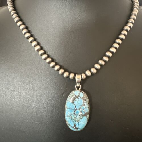 Navajo Blue Spiderweb Turquoise Pendant Necklace | Sterling Silver | Authentic Native American Handmade | 17026