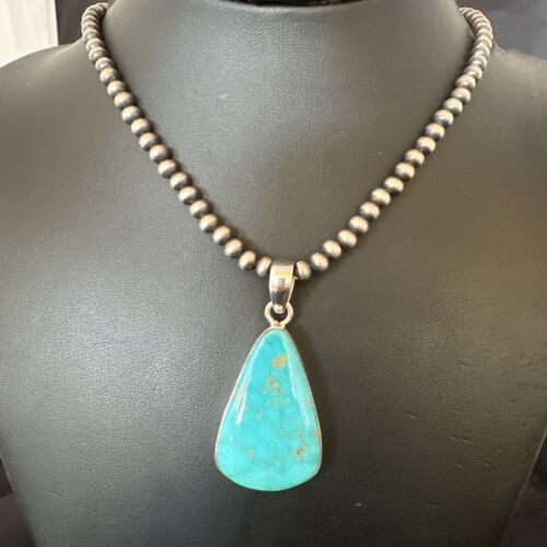 Navajo Blue Kingman Turquoise Pendant Necklace | Sterling Silver | 20" | Authentic Native American Handmade | 16724