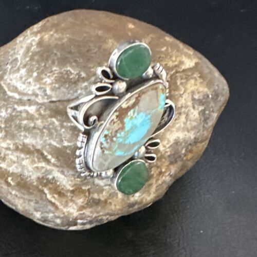 Navajo Green Turquoise Cluster Ring | Authentic Native American Sterling Silver | Multi-Stone | Sz 9 | 14843