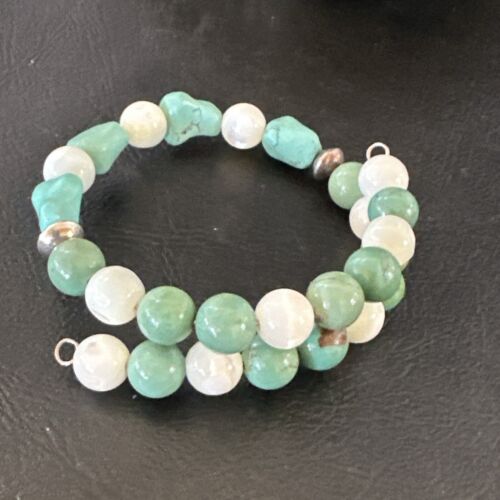 Turquoise Memory Wire Bracelet | Stainless Steel | Mother of Pearl Beads | 7" | 17629