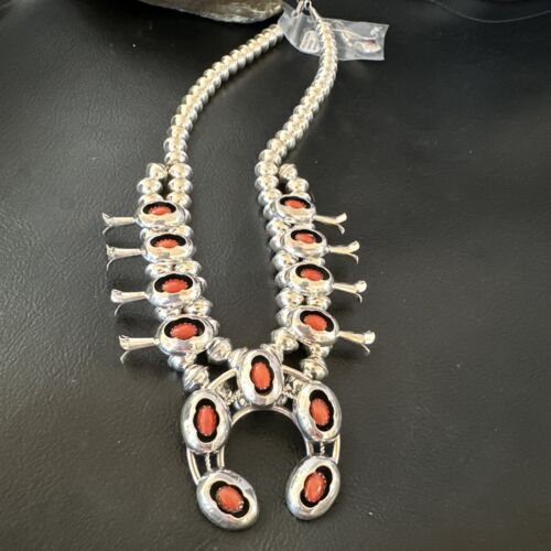 Navajo Red Coral Shadowbox Squash Blossom Necklace | Sterling Silver | 17" | Authentic Native American Handmade | 16114