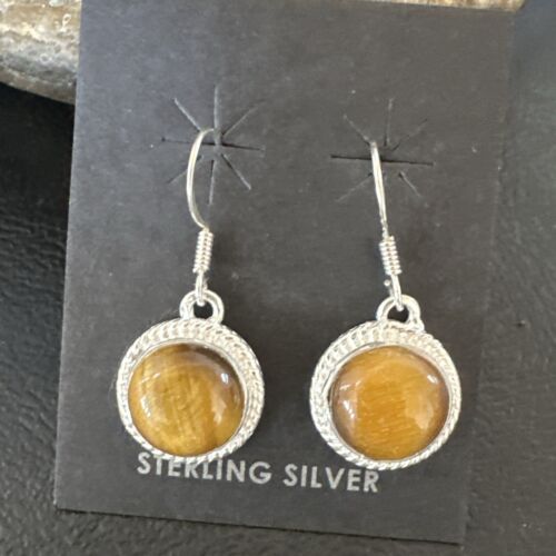 Southwestern Navajo Coffee Tiger's Eye Dangle Earrings | Sterling Silver | Authentic Native American Handmade | 16964