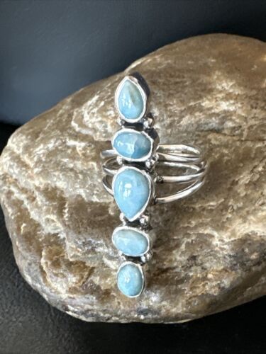Navajo Blue Larimar Cluster Ring | Authentic Native American Sterling Silver | Multi-Stone | Sz 8 | 16157