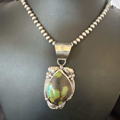 Men's Navajo Green Turquoise Pendant Necklace | Sterling Silver | Authentic Native American Handmade | 17526