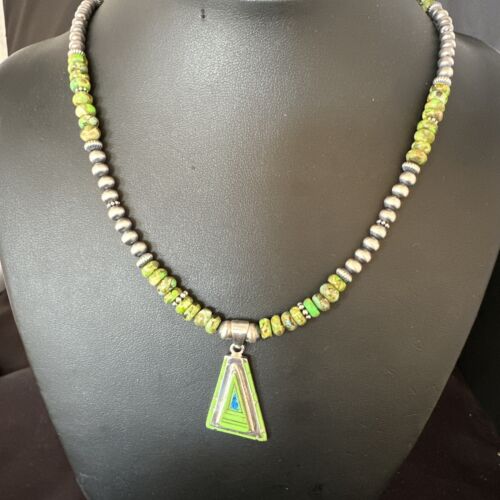 Navajo Green Gaspeite Turquoise Pendant Necklace | Sterling Silver | Native American Handmade | 15426