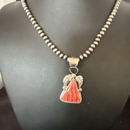 Navajo Red Spiny Oyster Pendant Necklace | Sterling Silver | Authentic Native American Handmade | 16149