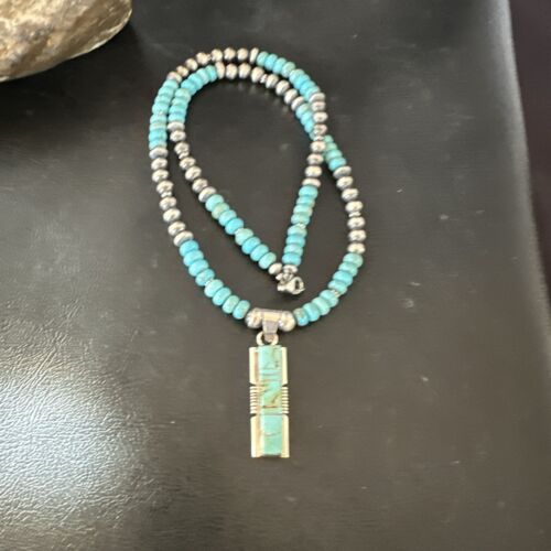 Turquoise #8 Inlay Pendant Necklace | Navajo Sterling Silver | Authentic Native American Handmade | 17121