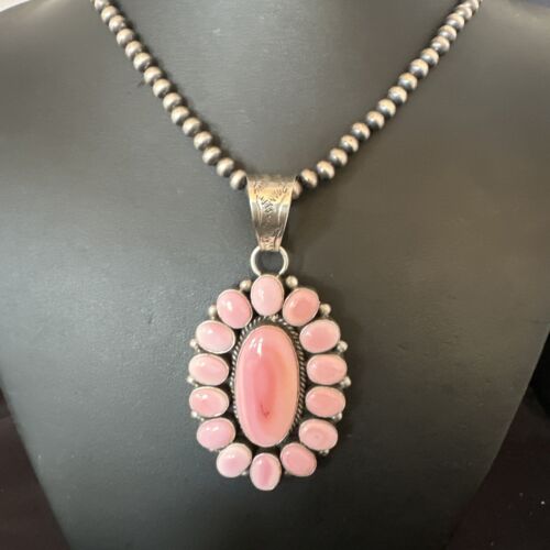 Navajo Pearls Pink Conch Necklace with Multi-Stone Cluster Pendant | Authentic Native American Handmade | 16063