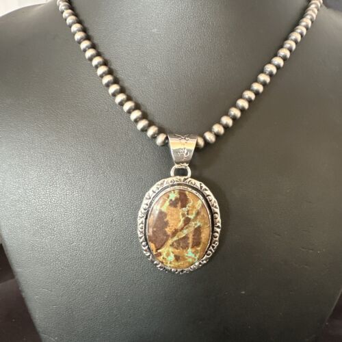 Navajo Green Gaspeite Pendant Necklace | Sterling Silver | Authentic Native American Handmade | 16360