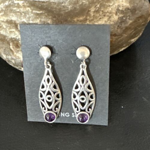 Navajo Purple Amethyst Earrings | Sterling Silver | 1" | Authentic Native American Handmade | 15354
