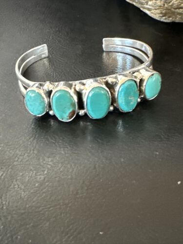 Women's Blue Turquoise 5-Stone Cuff Bracelet | Navajo Sterling Silver | Authentic Native American Jewelry | 16279